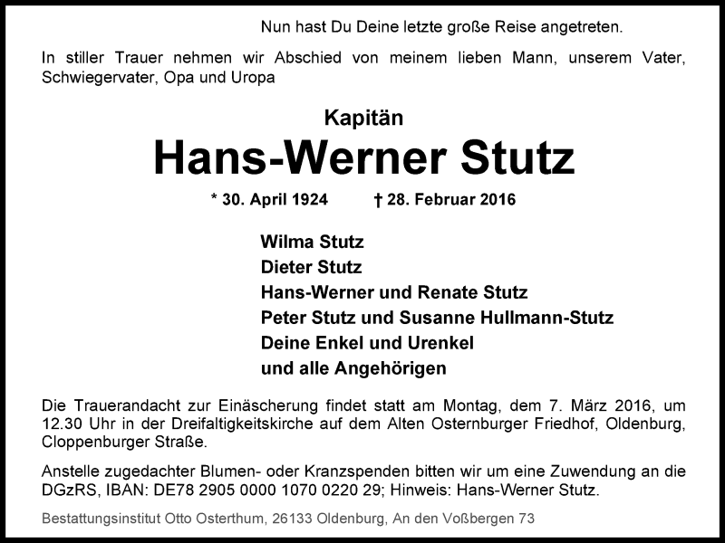 Traueranzeige für Hans-Werner Stutz vom 03.03.2016 aus Nordwest-Zeitung