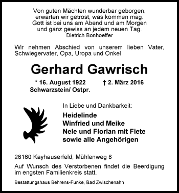 Traueranzeige von Gerhard Gawrisch von Nordwest-Zeitung