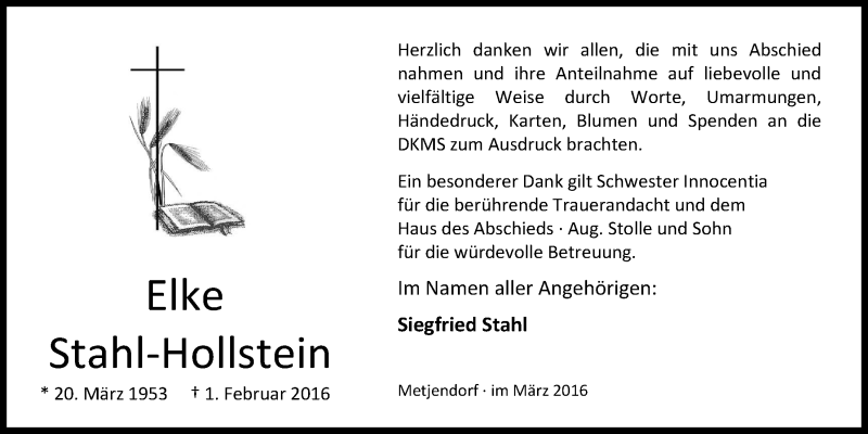  Traueranzeige für Elke Stahl-Hollstein vom 12.03.2016 aus Nordwest-Zeitung