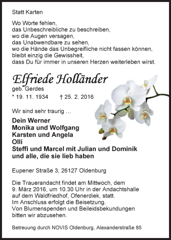 Traueranzeige von Elfriede Holländer von Nordwest-Zeitung