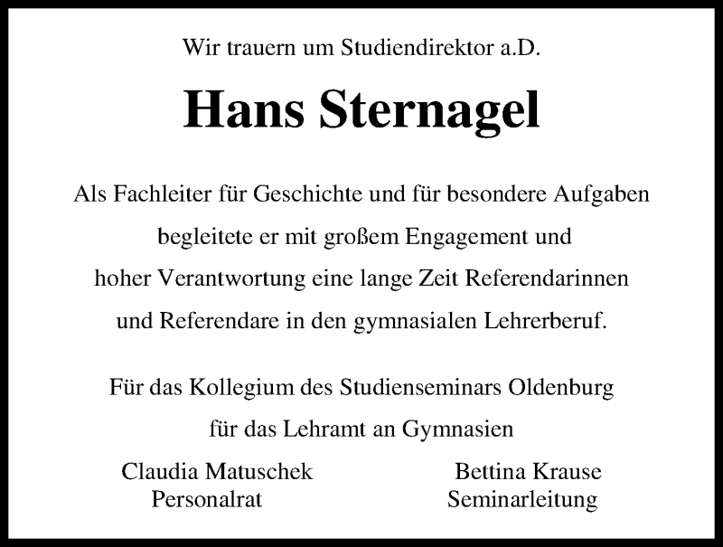  Traueranzeige für Hans Sternagel vom 11.03.2016 aus Nordwest-Zeitung