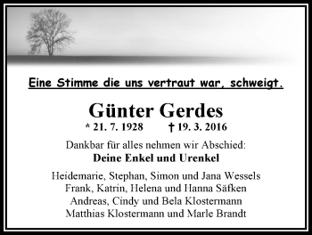 Traueranzeige von Günter Gerdes von Nordwest-Zeitung