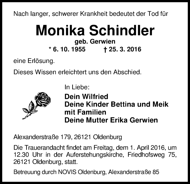  Traueranzeige für Monika Schindler vom 30.03.2016 aus Nordwest-Zeitung