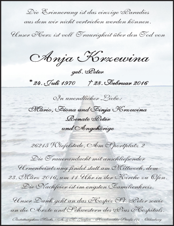 Traueranzeige von Anja Krzewina von Nordwest-Zeitung