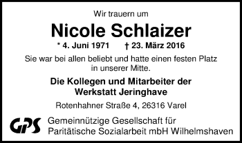 Traueranzeige von Nicole Tanja Schlaizer von Nordwest-Zeitung