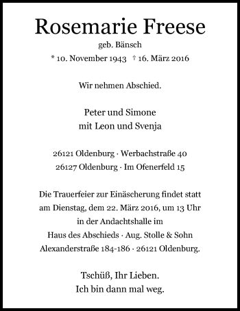 Traueranzeige von Rosemarie Freese von Nordwest-Zeitung