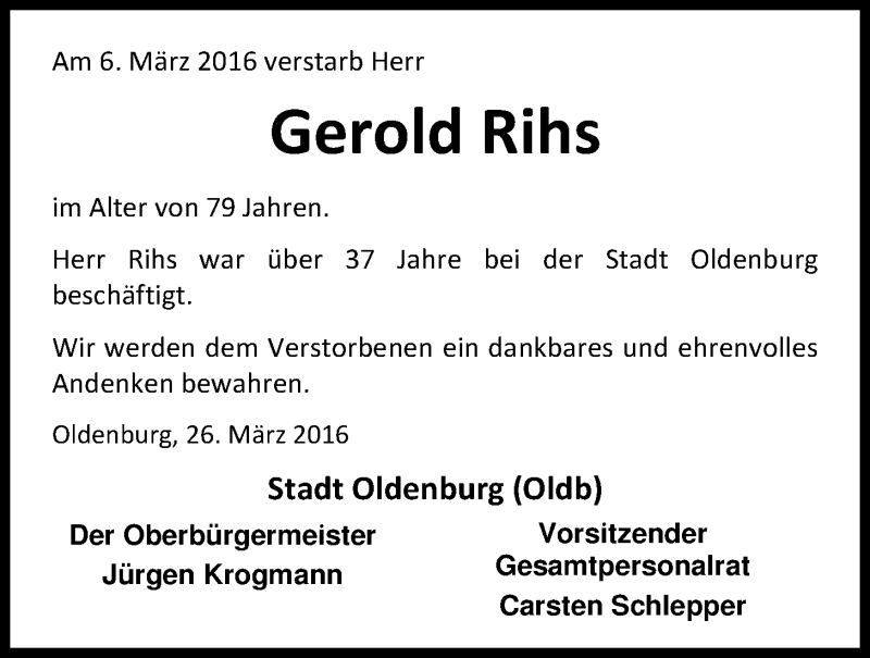  Traueranzeige für Gerold Rihs vom 26.03.2016 aus Nordwest-Zeitung