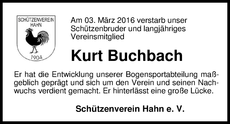  Traueranzeige für Kurt Buchbach vom 08.03.2016 aus Nordwest-Zeitung
