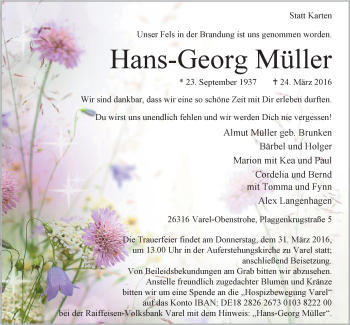 Traueranzeige von Hans-Georg Müller von Nordwest-Zeitung