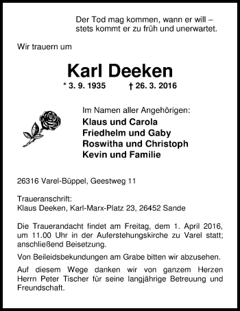 Traueranzeige von Karl Deeken von Nordwest-Zeitung