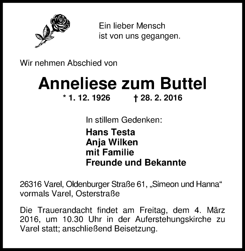  Traueranzeige für Anneliese zum Buttel vom 01.03.2016 aus Nordwest-Zeitung