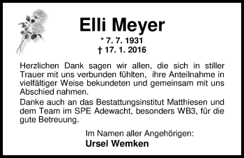 Traueranzeige von Elli Meyer von Nordwest-Zeitung