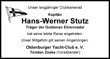 Traueranzeige von Hans-Werner Stutz von Nordwest-Zeitung