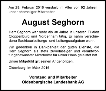 Traueranzeige von August Seghorn von Nordwest-Zeitung
