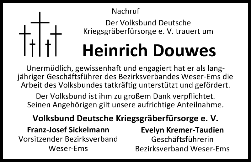  Traueranzeige für Heinrich Douwes vom 03.03.2016 aus Nordwest-Zeitung