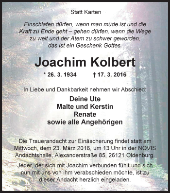 Traueranzeige von Joachim Kolbert von Nordwest-Zeitung