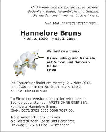 Traueranzeige von Hannelore Bruns von Nordwest-Zeitung