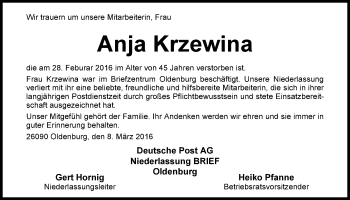Traueranzeige von Anja Krzewina von Nordwest-Zeitung