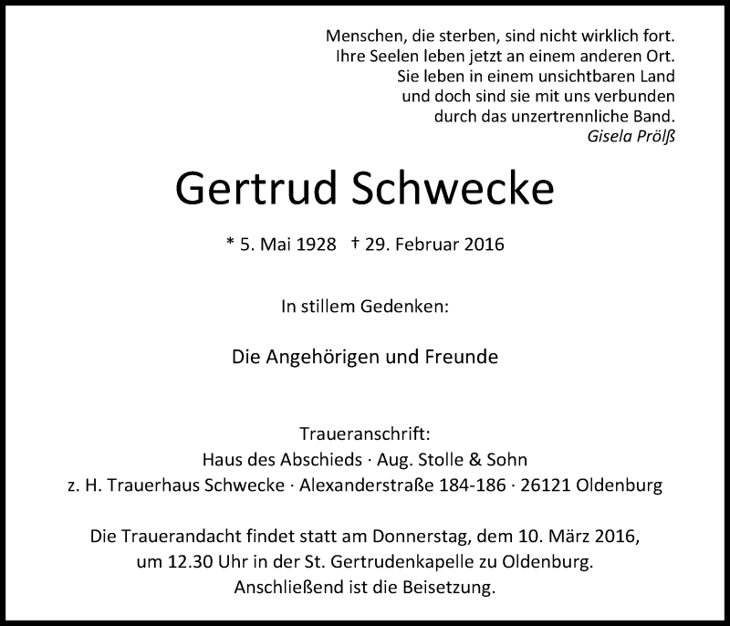  Traueranzeige für Gertrud Schwecke vom 05.03.2016 aus Nordwest-Zeitung