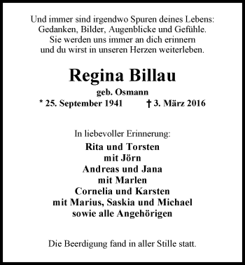 Traueranzeige von Regina Billau von Nordwest-Zeitung