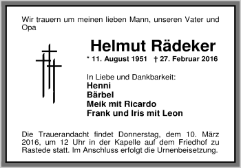 Traueranzeige von Helmut Rädecker von Nordwest-Zeitung