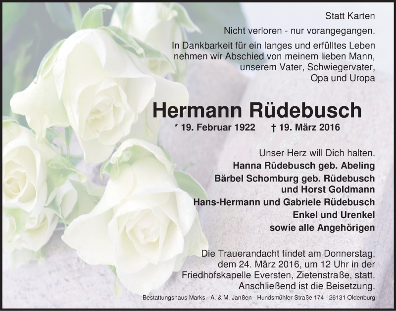  Traueranzeige für Hermann Rüdebusch vom 23.03.2016 aus Nordwest-Zeitung