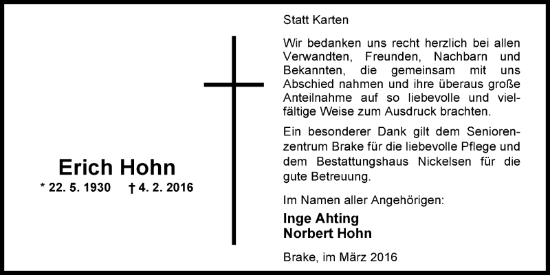  Traueranzeige für Erich Hohn vom 05.03.2016 aus Nordwest-Zeitung