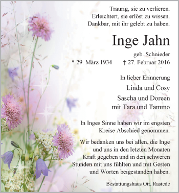 Traueranzeige von Inge Jahn von Nordwest-Zeitung