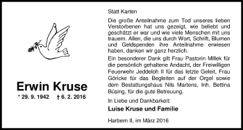Traueranzeige von Erwin Kruse von Nordwest-Zeitung