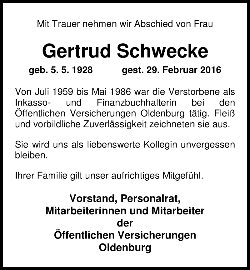  Traueranzeige für Gertrud Schwecke vom 05.03.2016 aus Nordwest-Zeitung