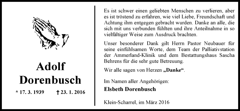  Traueranzeige für Adolf Dorenbusch vom 05.03.2016 aus Nordwest-Zeitung