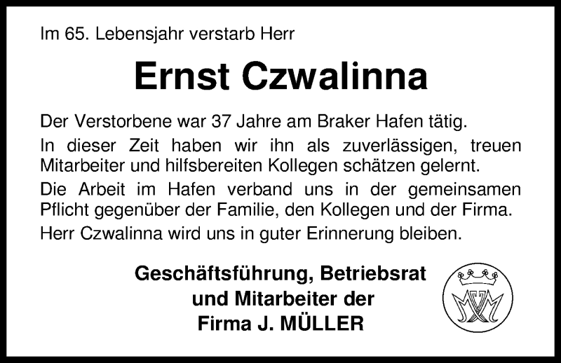  Traueranzeige für Ernst (Örny) Czwalinna vom 09.03.2016 aus Nordwest-Zeitung