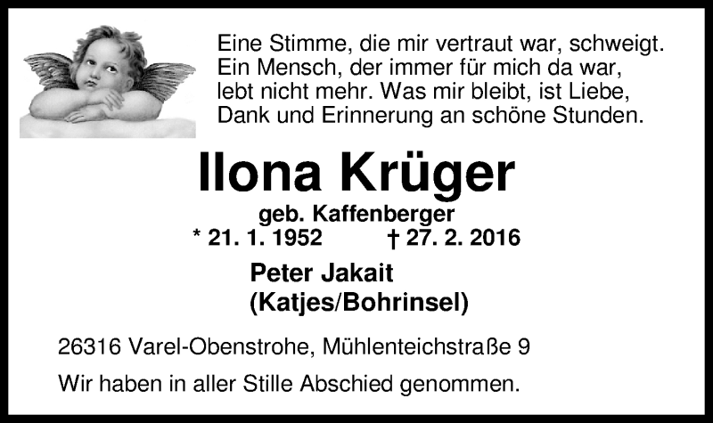  Traueranzeige für Ilona Krüger vom 26.03.2016 aus Nordwest-Zeitung