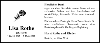 Traueranzeige von Lisa Rothe von Nordwest-Zeitung