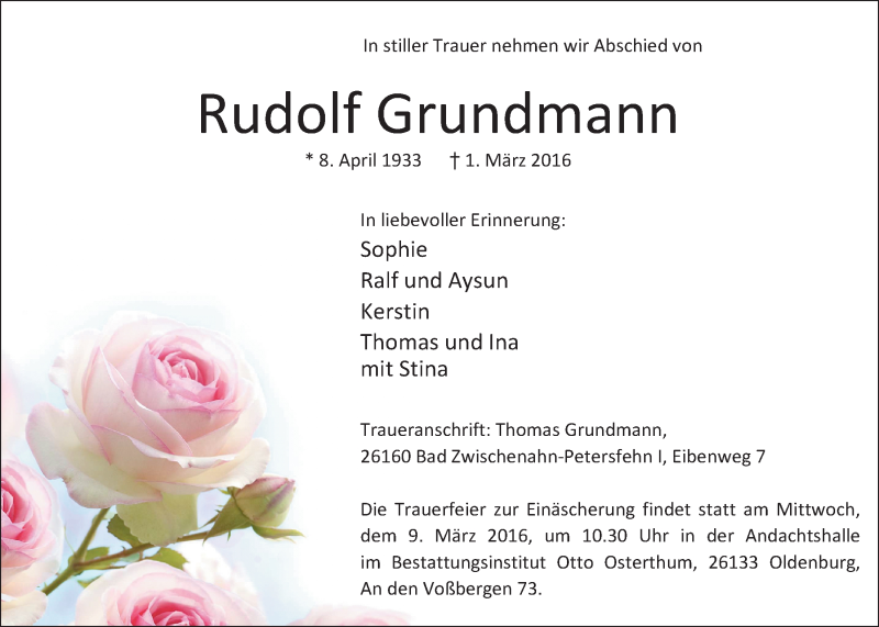  Traueranzeige für Rudolf Grundmann vom 05.03.2016 aus Nordwest-Zeitung