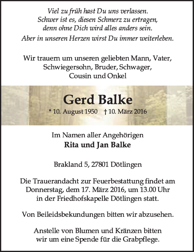  Traueranzeige für Gerd Balke vom 14.03.2016 aus Nordwest-Zeitung