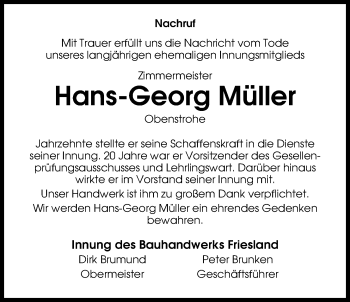 Traueranzeige von Hans-Georg Müller von Nordwest-Zeitung