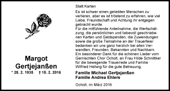 Traueranzeige von Margot Gertjejanßen von Nordwest-Zeitung