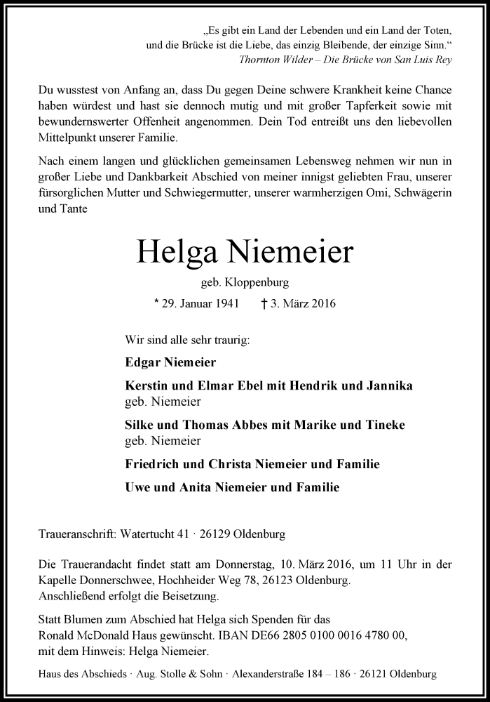  Traueranzeige für Helga Niemeier vom 05.03.2016 aus Nordwest-Zeitung