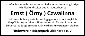 Traueranzeige von Ernst (Örny) Czwalinna von Nordwest-Zeitung