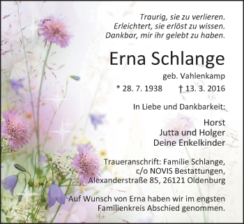 Traueranzeige von Erna Schlange von Nordwest-Zeitung