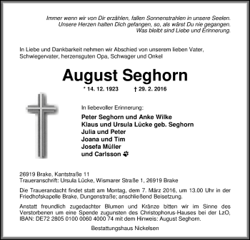 Traueranzeige von August Seghorn von Nordwest-Zeitung