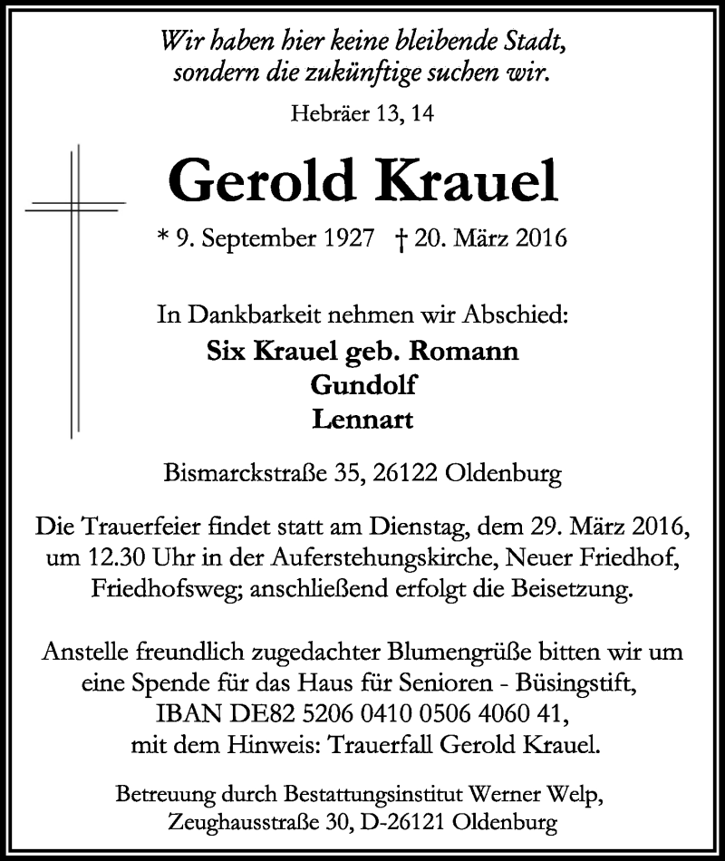  Traueranzeige für Gerold Krauel vom 23.03.2016 aus Nordwest-Zeitung
