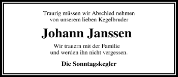 Traueranzeige von Johann Janssen von Nordwest-Zeitung