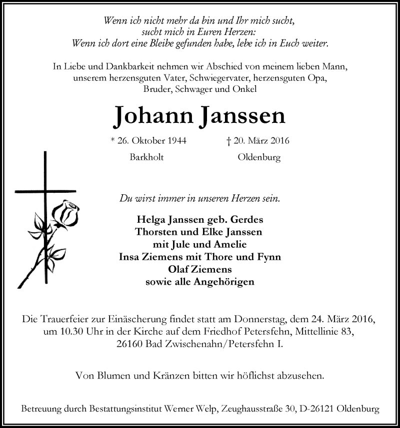  Traueranzeige für Johann Janssen vom 22.03.2016 aus Nordwest-Zeitung