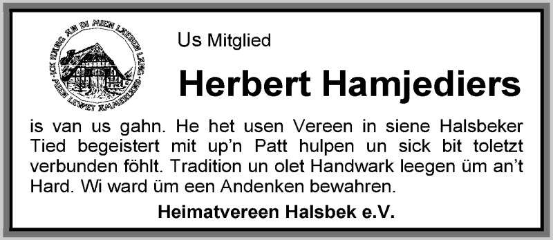  Traueranzeige für Herbert Hamjediers vom 04.03.2016 aus Nordwest-Zeitung