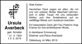 Traueranzeige von Ursula Averbeck von Nordwest-Zeitung