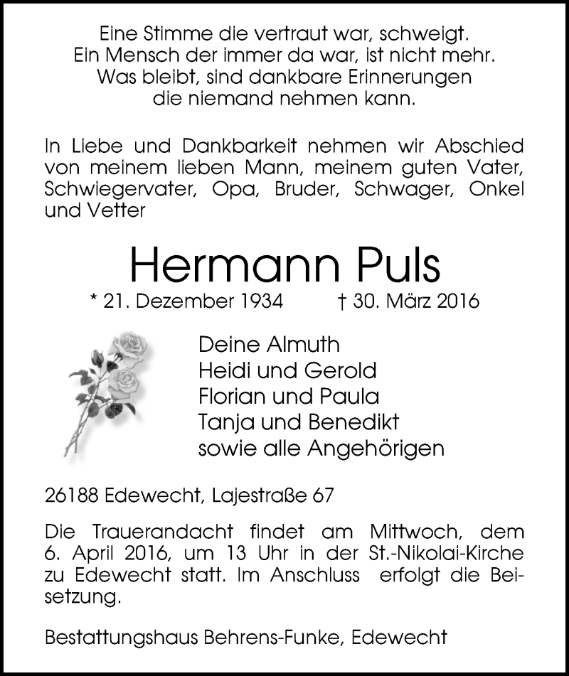  Traueranzeige für Hermann Puls vom 02.04.2016 aus Nordwest-Zeitung