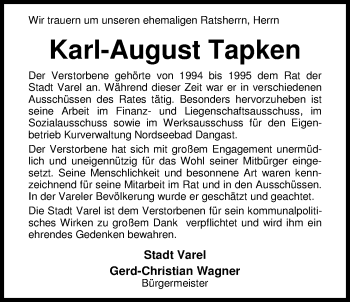 Traueranzeige von Karl-August Tapken von Nordwest-Zeitung