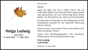 Traueranzeige von Helga Ludwig von Nordwest-Zeitung